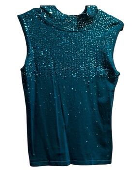 Once Again Sleeveless High Neck Blue Top With Sequins